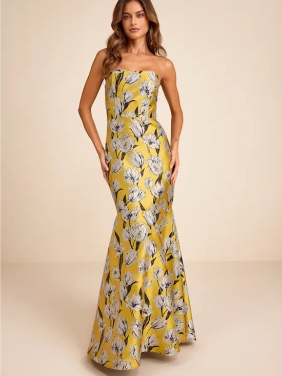Lulus Dresses & Skirts - Lulus Gowning Around Yellow Floral Jacquard Strapless Maxi Dress